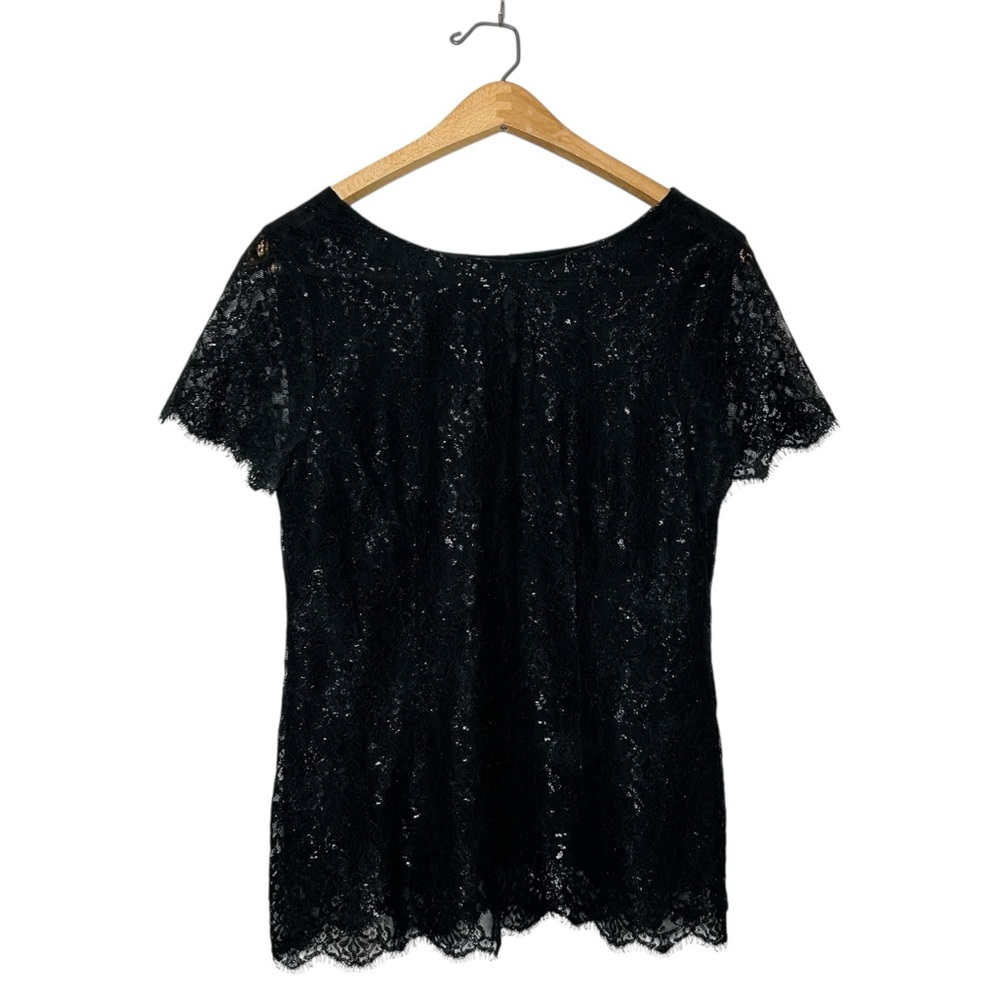 Velvet By Graham & Spencer‎ Semi Sheer Metallic Lace Short Sleeve Top Black M